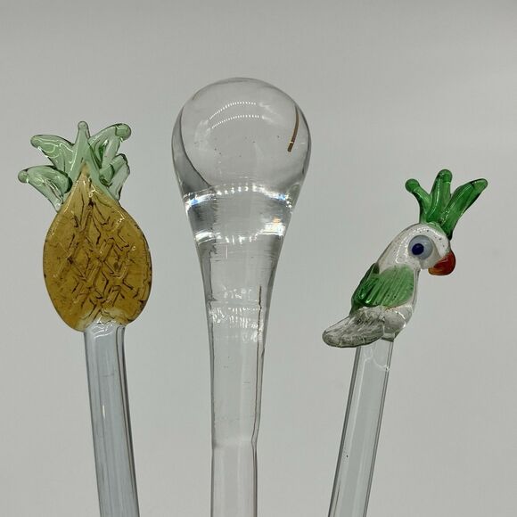 Vtg Lot 3 -2 Glass Cocktail Swizzle Sticks Parrot/Pineapple 1 Muddler Barware - Picture 1 of 8